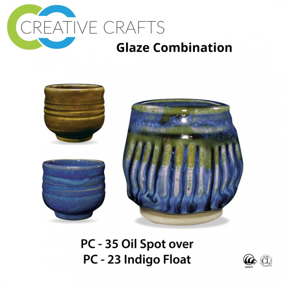 Oil Spot PC-35 over True Celadon PC-40 Pottery Cone 5 Glaze Combination